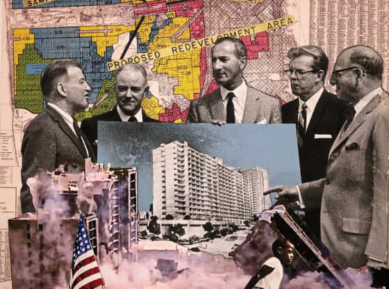 A collage featuring colored images of historic maps, photographs of buildings, and political figures standing together in conversation.