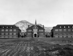 A building in a field with a mountain backdrop.